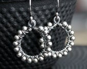 Handmade silver beaded earrings, wire wrapped, oxidized sterling silver, dangle hoops, beaded drop earrings, Mimi Michele Jewelry