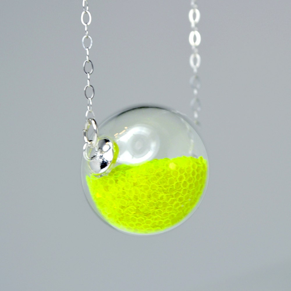 Neon yellow glitter hand blown glass ball sterling silver necklace