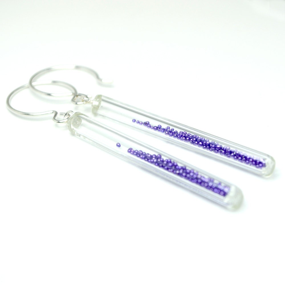 Metallic violet micro beads in blown glass tube sterling silver earrings