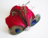 Peocock Fascinator - Peacock Headpiece - Red Peacock Bridal Fascinator - Red Peacock Bridal Headpiece - Peacock Bridesmaid Headpiece