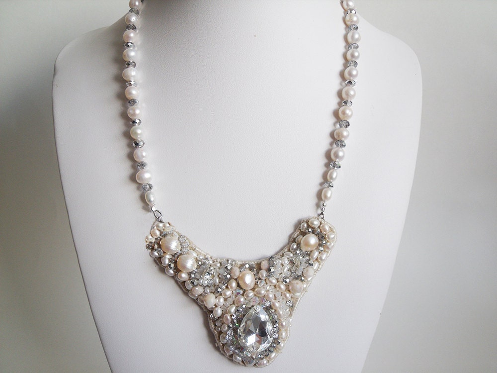 Bridal Necklace - Pearl and Rhinestone Bridal Necklace - Bridal Bib Necklace - Bridal Statement Necklace - Rhinestone Necklace