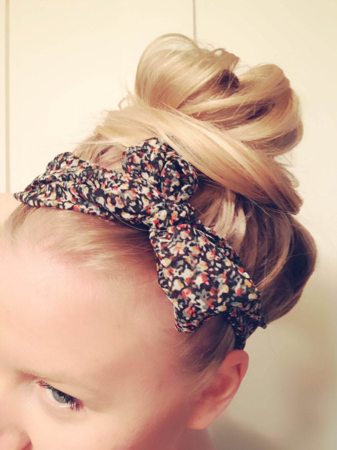 As seen on Nightchayde - Lovely Thin Headscarf Many Ways To Wear Black Ditsy Flower Coral Sage Print Sheer Bow Turban Easy DOLLAR SHIPPING