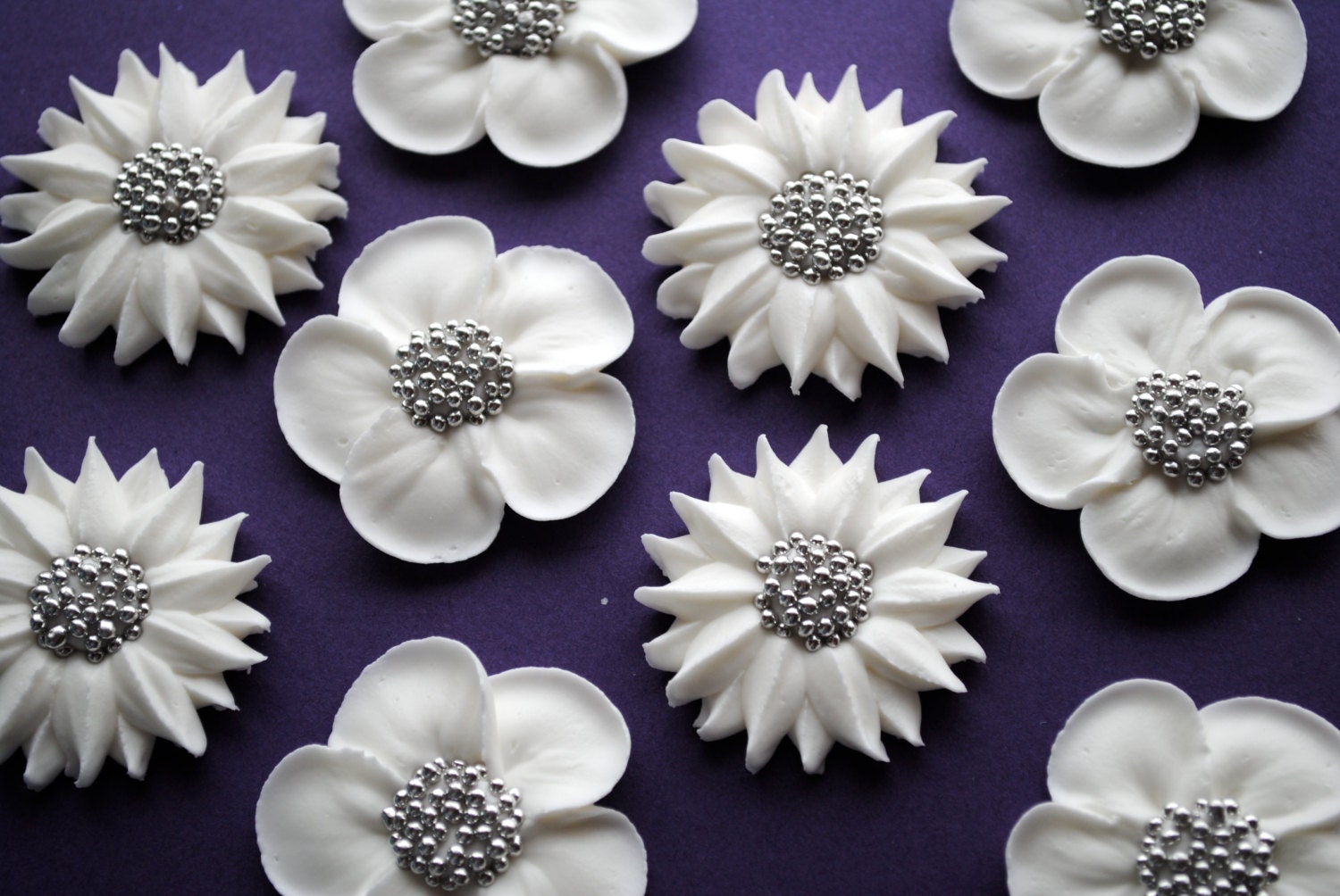 White Wedding Flowers-  Royal Icing Cupcake Toppers with Silver Dragee Center- (24)