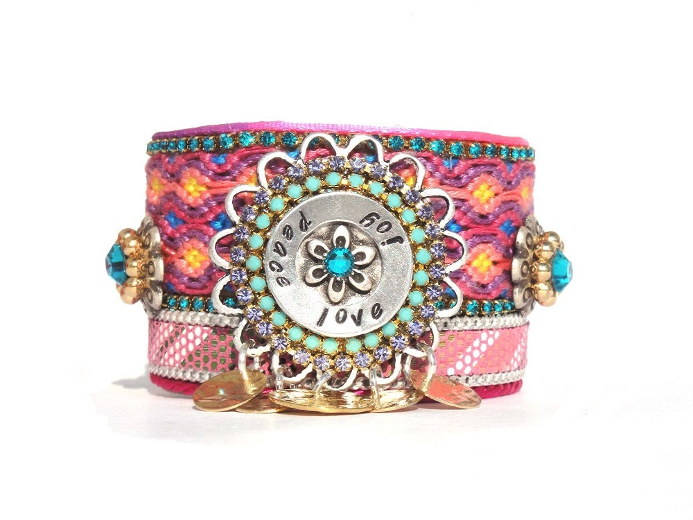 Ibiza chic hippie cuff bracelet - friendship bracelet cuff with studs and Swarovski - handstamped jewelry ''peace love joy'' - boho chic