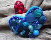 Blue Heart - Beaded Blue Pin Brooch- Wearable Art - Heart Shaped Brooch - spring fashion - DecoEcoShop