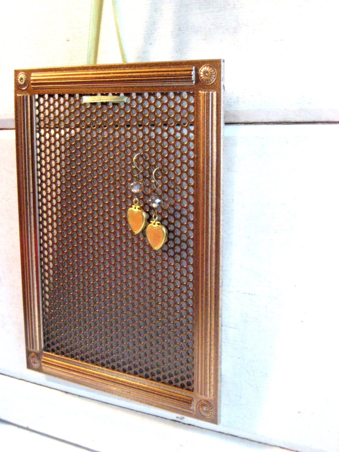 Framed Earring Display with Art Deco style details and gold Magnetic Metal Mesh insert