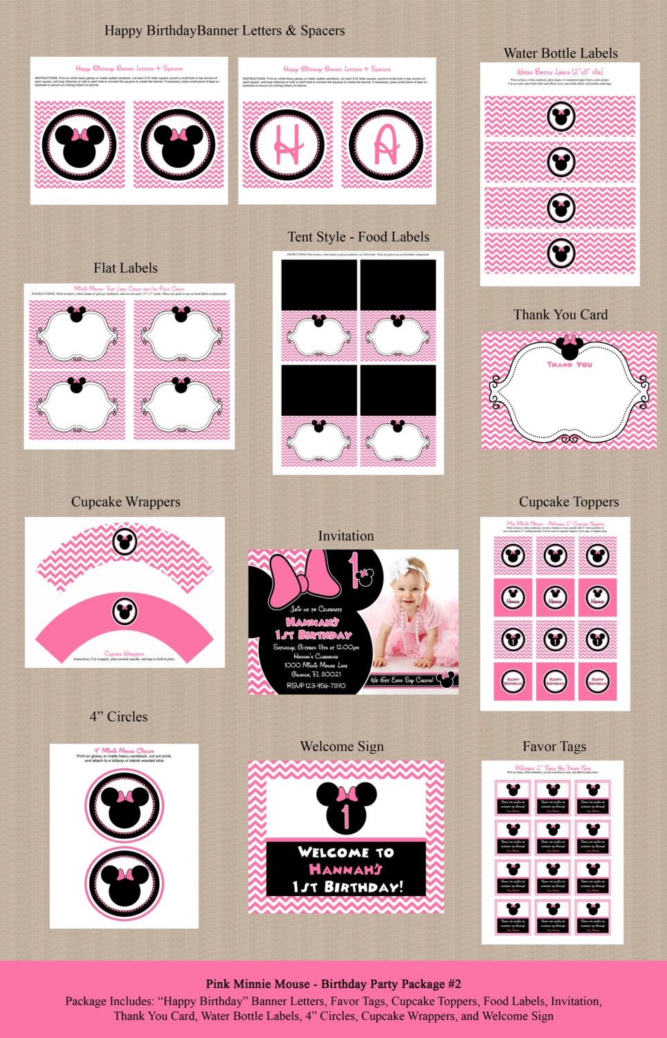 Pink Chevron Minnie Mouse Birthday Party Package 2 - Photo Invitation, Cupcake Toppers, Favor Tags, and more