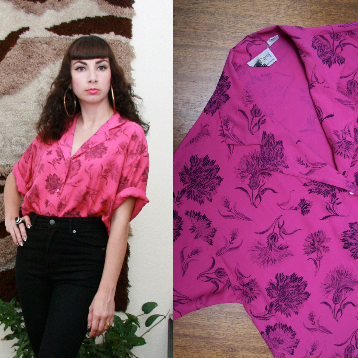 Vintage 80s 90s Fuschia Floral Print Short Sleeve Blouse Large