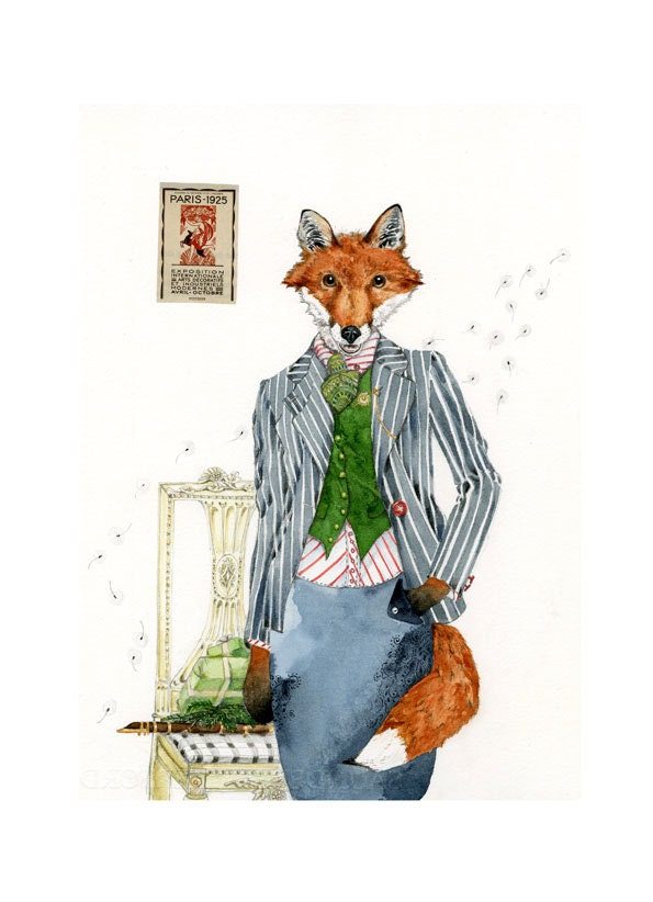 Fox Giclee Art Print Fox in Pinstripes 8x11