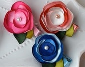 Spring Satin Rose Flower Hair Clip- Pink, Peach and Coral, or Blue
