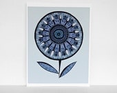 Blue Mandala Flower Print in Steel Blue, Gray, Teal, Navy Blue and Sky Blue - 8x10 Print Abstract Botanical Flower Print with Swirls