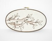 Hand Embroidery Tree Branch with Leaves in Brown and Natural Tan. Botanical Embroidery Hoop Art 5"x9" Fiber Art Wall Hanging