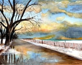 Watercolor Print from my original Painting Winter Landscape Scene with Sunset Lake Snow Trees Blue sky and clouds 8 x 10 matted to 11 x 14