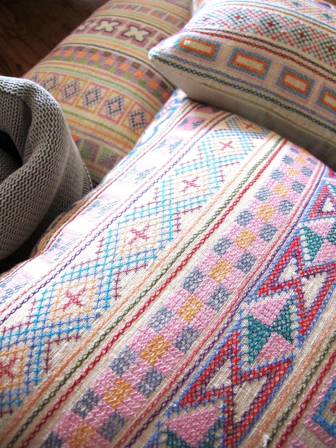 20 x 20 Chiang Mai pastel Hand- stitched tribal cotton pillow cover