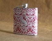 Graduation Gift Red and White Damask Print 6 ounce Gift Flask with ANY Rhinestone Initial KR2D 6055