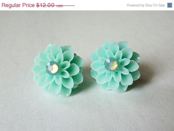ON SALE Mum's the Word MINT Green Flower Earrings with Sparkling Swarovski Opal Centers // Kitsch Alice Cute Lolita Girly Spring Summer Boh