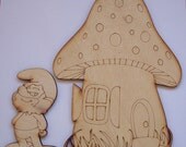 Smurfs and Gargamel - 9 smurfs  Mushroom house and Gargamel - Plywood 4 mm Unfinished - Ready to paint