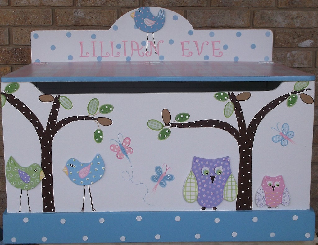 CUSTOM TOY BoX TOY CHeST Birds  Owls Wooden Storage Bench Storage Box