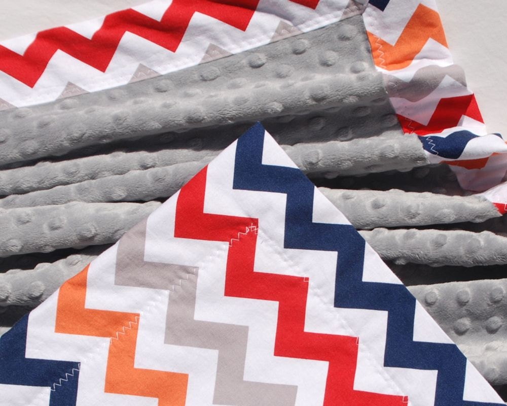Baby Boy Chevron Blanket with Light Gray Minky- Minky Baby Blanket - Stroller Size - Ready to Ship