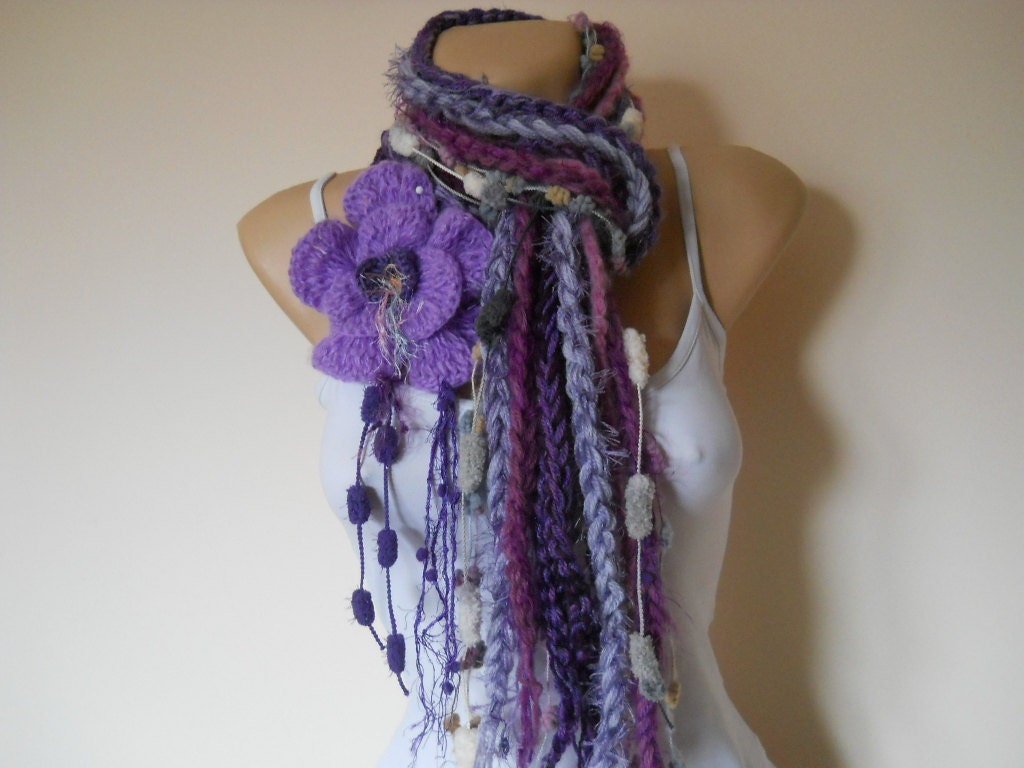 MULTICOLOR SCARF "CHERYL" - Crocheted Detachable Flower - Elegant, Women, Loop, Romantic, Neckwarmer, Feminine, Muffler, Winter, Warm
