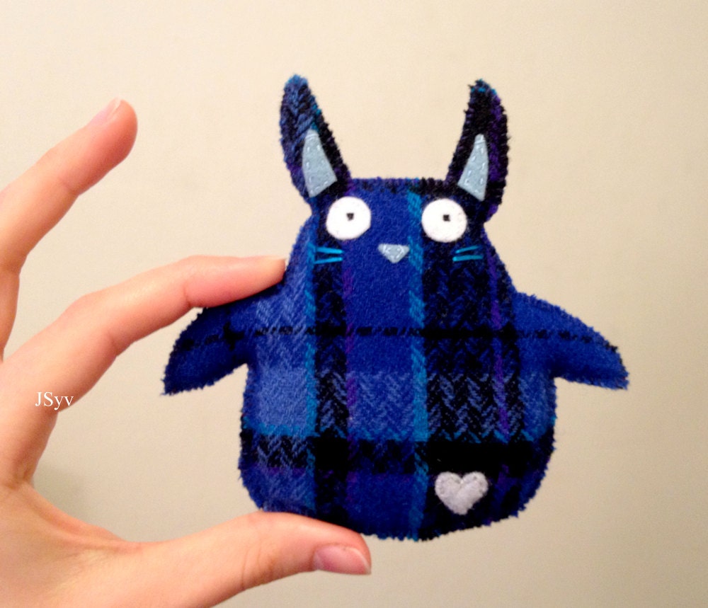 UpCycled Sweater Bunny Blue Plaid Rabbit Plush Repurposed Wool