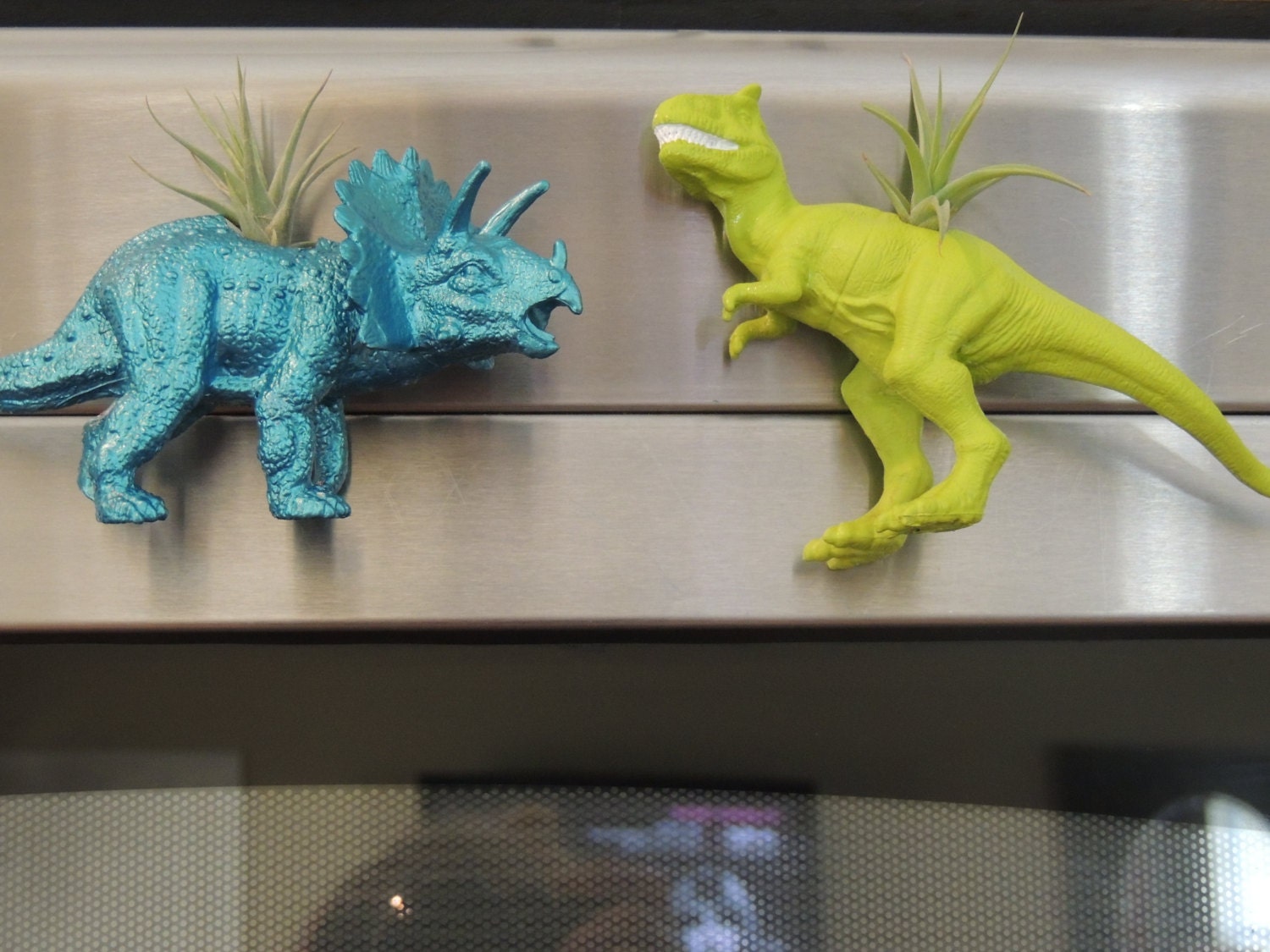 Dinosaur planter fridge magnets with mini air plants. Set of two.