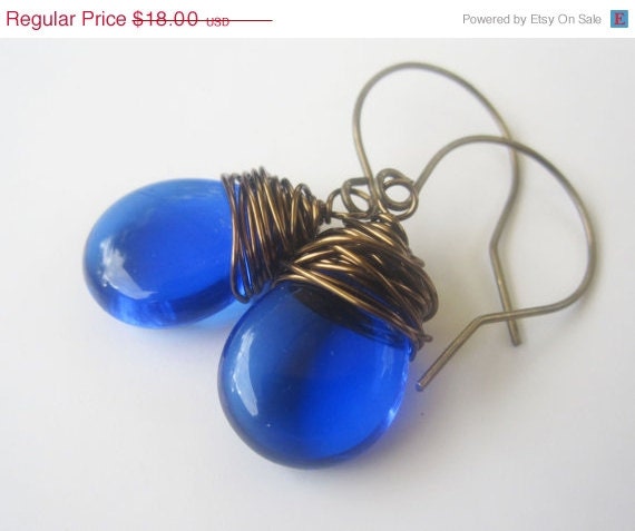 SALE Cobalt Earrings Blue Earrings Dangle Earrings Wire Wrapped Earrings Drop Earrings Blue Jewelry Cobalt Jewelry