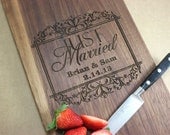 Custom, Personalized Engraved Kitchen Wood Cutting Board - Framed Just Married, Names, Date - Walnut Wood - 15" x 9"