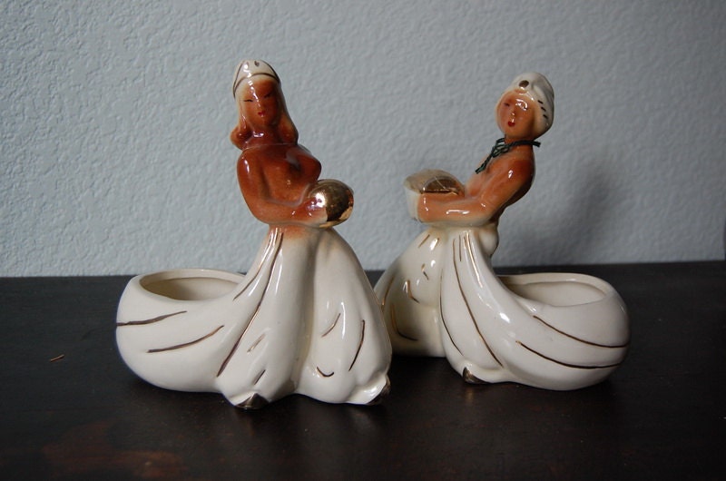 1940s-50s Arabian Man and Woman Decorative Planter Figurine Set - Detailed