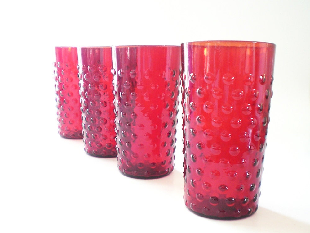Ruby Red Glassware, Vintage Red Glasses, Anchor Hocking Red Hobnail Drinking Glass Set