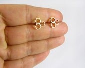 Honeycomb Geometric Hexagon Brass Stud Earrings