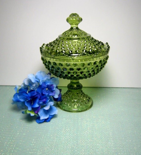 Fenton Hobnail Green Compote Candy Dish Beautiful by cozyattic