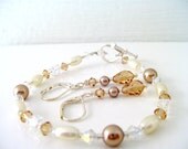 Champagne Crystals Set Swarovski Light Topaz Crystals Bronze Pearls Bracelet And Earrings Set Bridal Jewelry