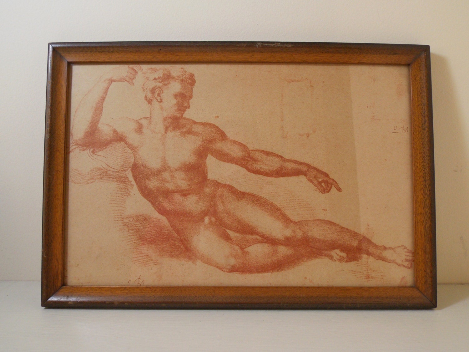 Nude Print in Red Pencil in a Rustic Wood Frame