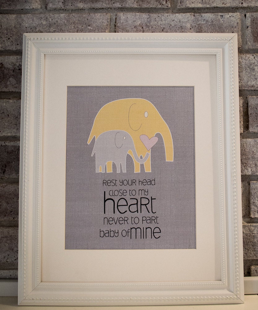 8x10 nursery print baby mine elephants in yellow and gray