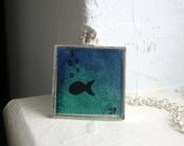 Fish Silhouette Ocean Necklace - Deep Sea Blue Green Watercolor Art Necklace, Hand Painted Pendant