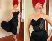 COUTURE 1950's Inky Black Pure Silk Strapless 3D Winged Bust Hourglass Cocktail Dress w/ Back Draped Train & Huge Hand Beaded Butterfly - S