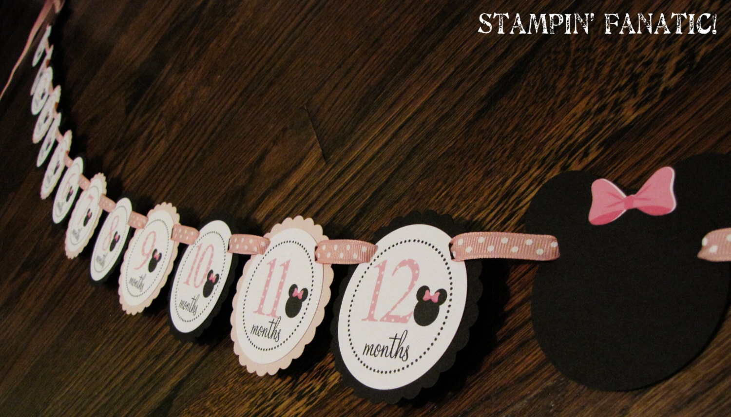 Minnie Mouse Inspired. Just Born/0-12 mos Picture Hanging Banner. Black and Pink. First Birthday Banner. Minnie Photo Banner. Il_570xn