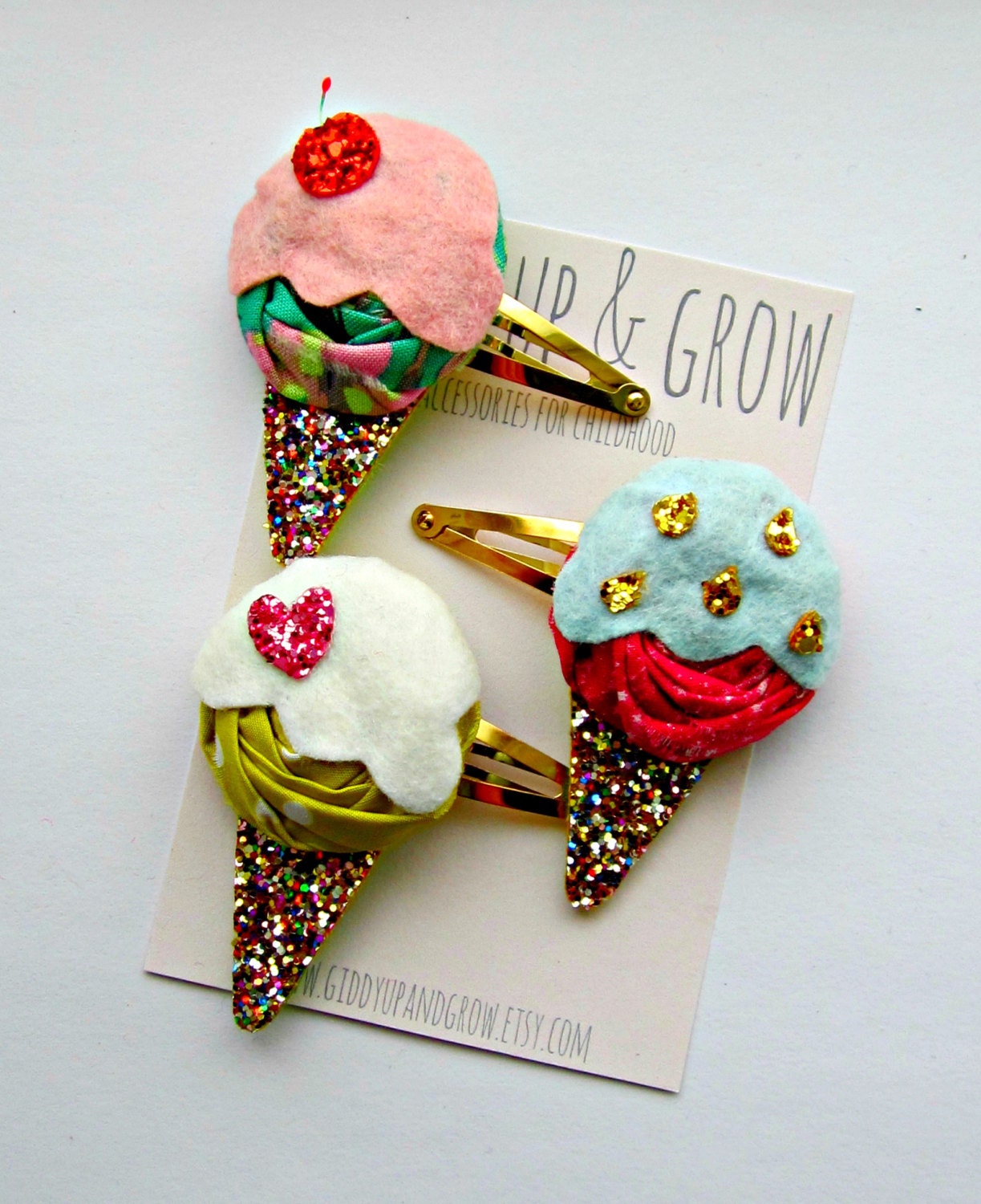 Felt Hair Clips - Giddy Up and Grow hair clips, Ice Cream Cone, glitter