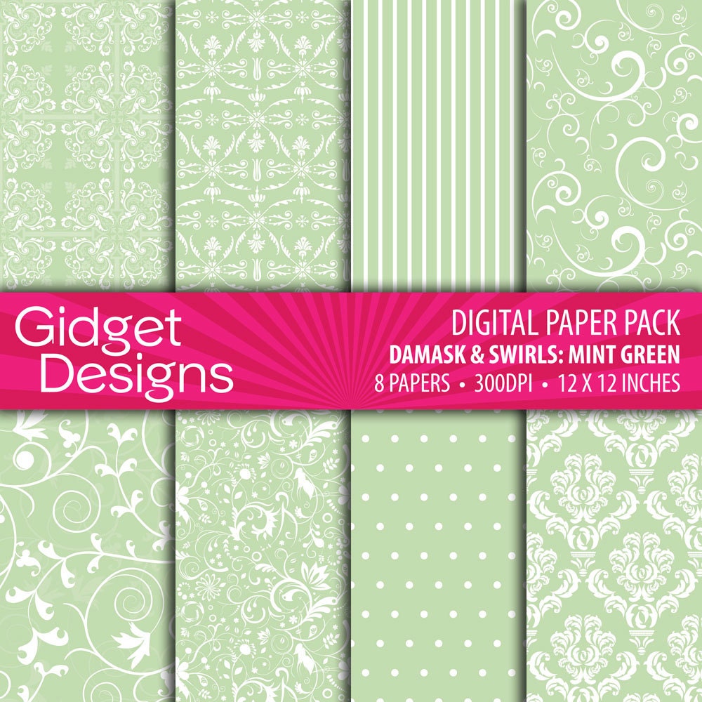 Digital Paper Pack: Damasks & Swirls - Mint Green INSTANT DOWNLOAD