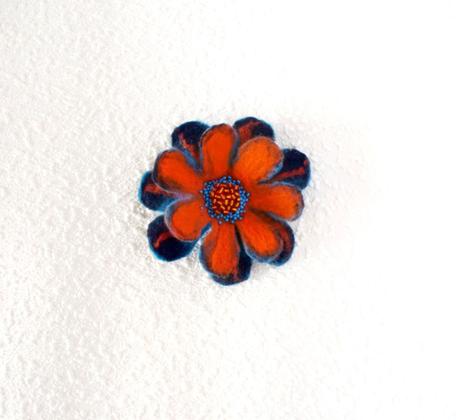 Turguoise - orange FLOWER handfelted wool brooch - Ready to Ship Now - Gift under 25 USD
