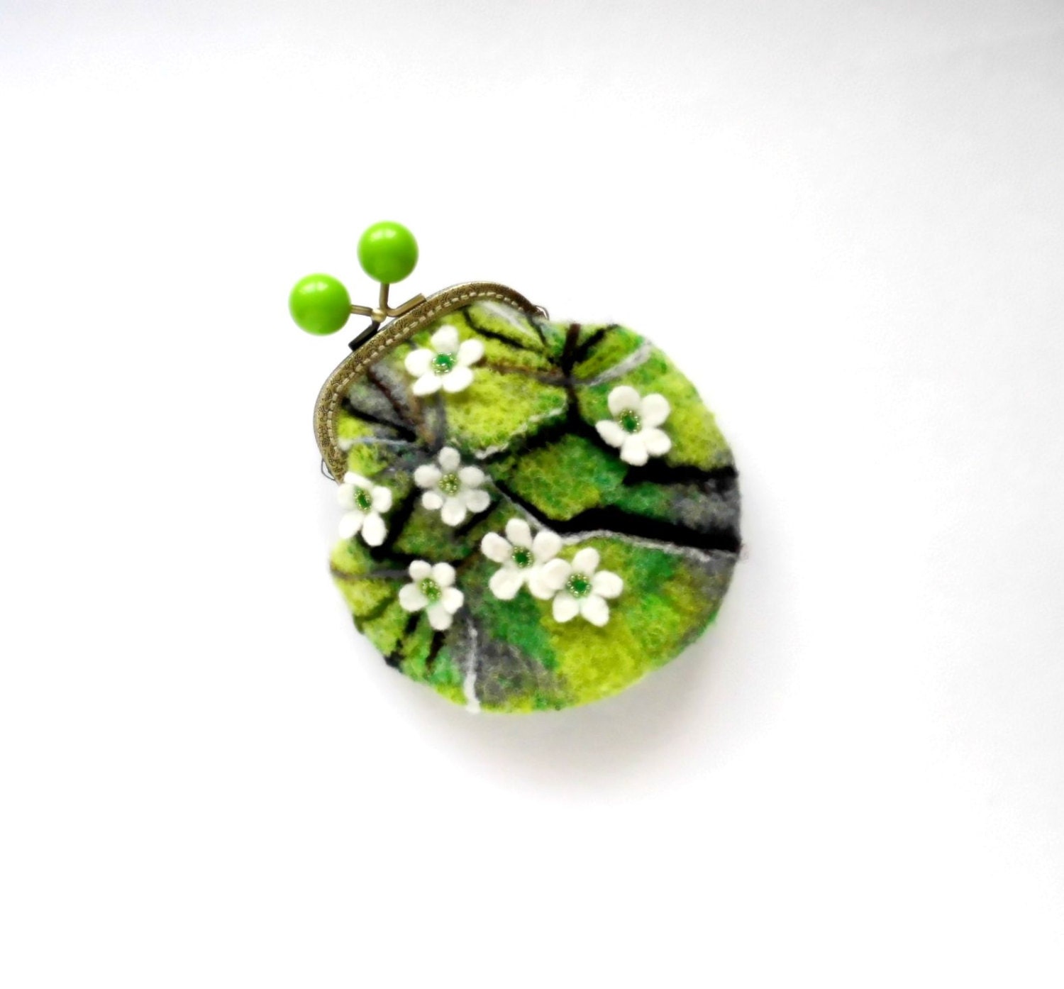 Wet Felted Blooming apple trees coin purse Ready to Ship with bag frame metal closure Handmade gift for her