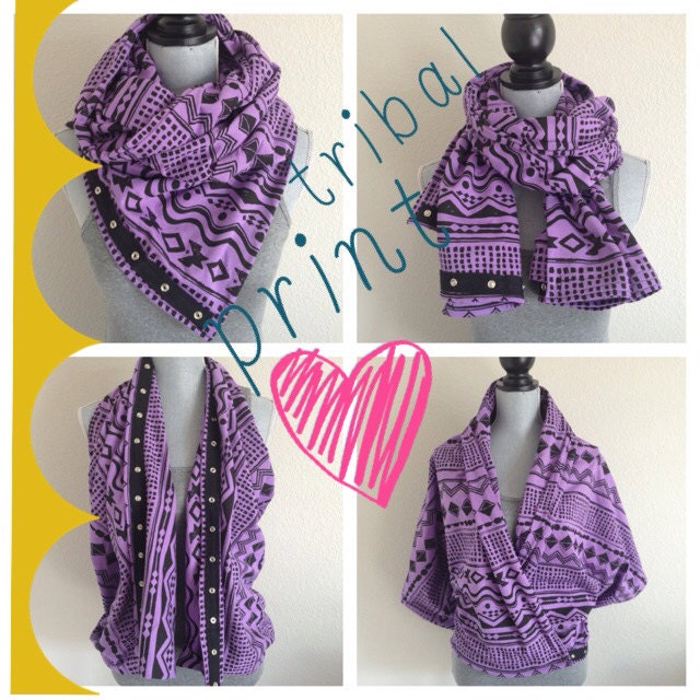 Purple and black tribal print snap scarf