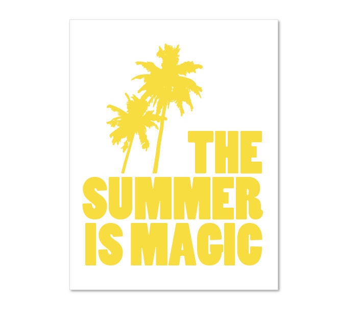 The Summer Is Magic - Typography Digital Print - Sunny Yellow Lemon Zest  - Beach Vacation - Palm Trees - Bold Modern Wall Decor - Under 20