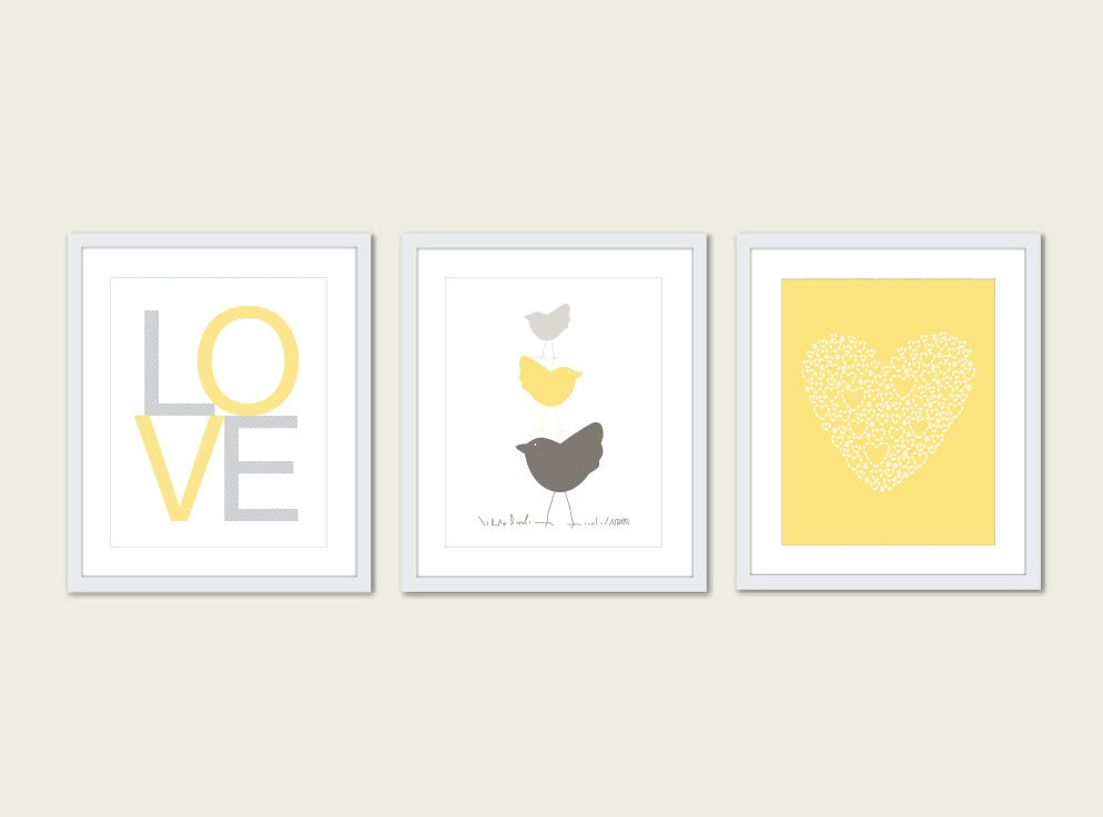 Baby Nursery Print Set - Modern Home Decor - Yellow - Birds Love Heart - Easter - Spring Pastel Colors