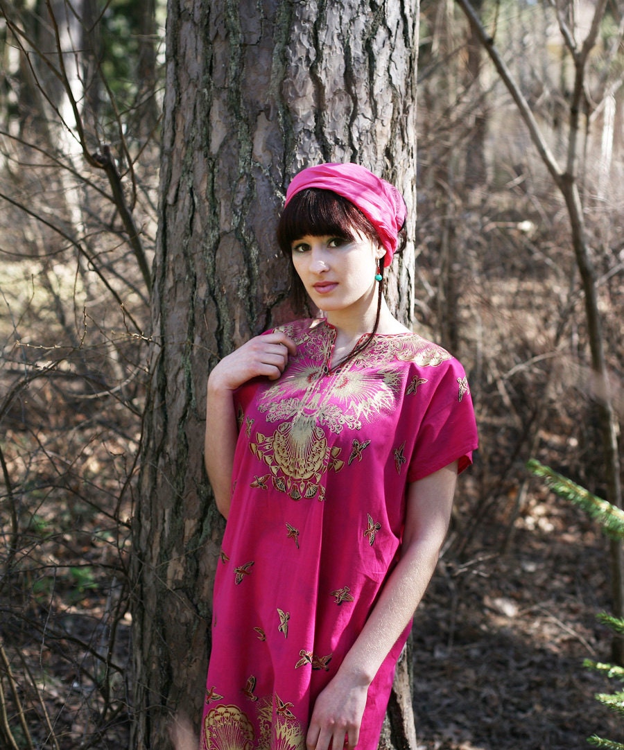 Fuchsia Pink and Gold Egyptian ornament Tunic Gown