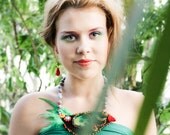 Blackbird - Red Green Yellow Beaded Rainbow Feather Bird Necklace