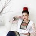 White Tunic Blouse with Black Gold embroidery and Lace sleeves