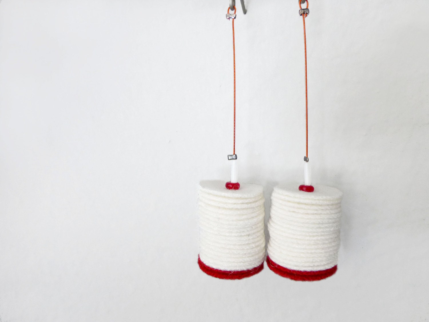 white and red felt tube chunky long minimal earrings - contemporary jewelry