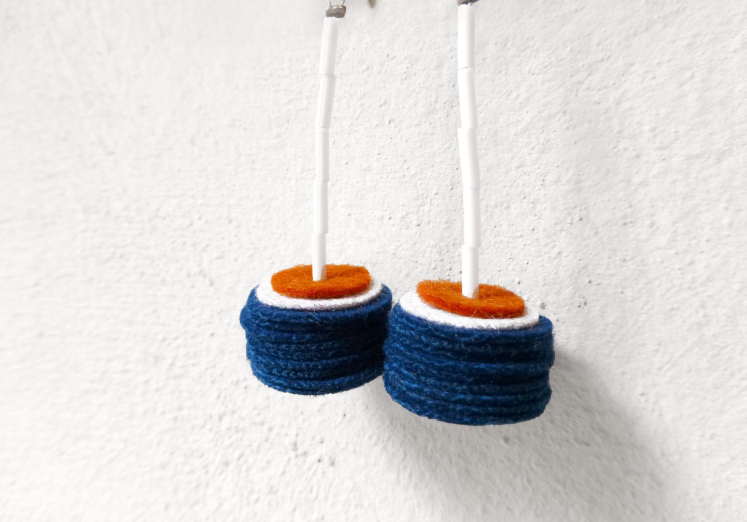 geometric minimal earrings with blue,white and burnt orange circles - contemporary jewelry